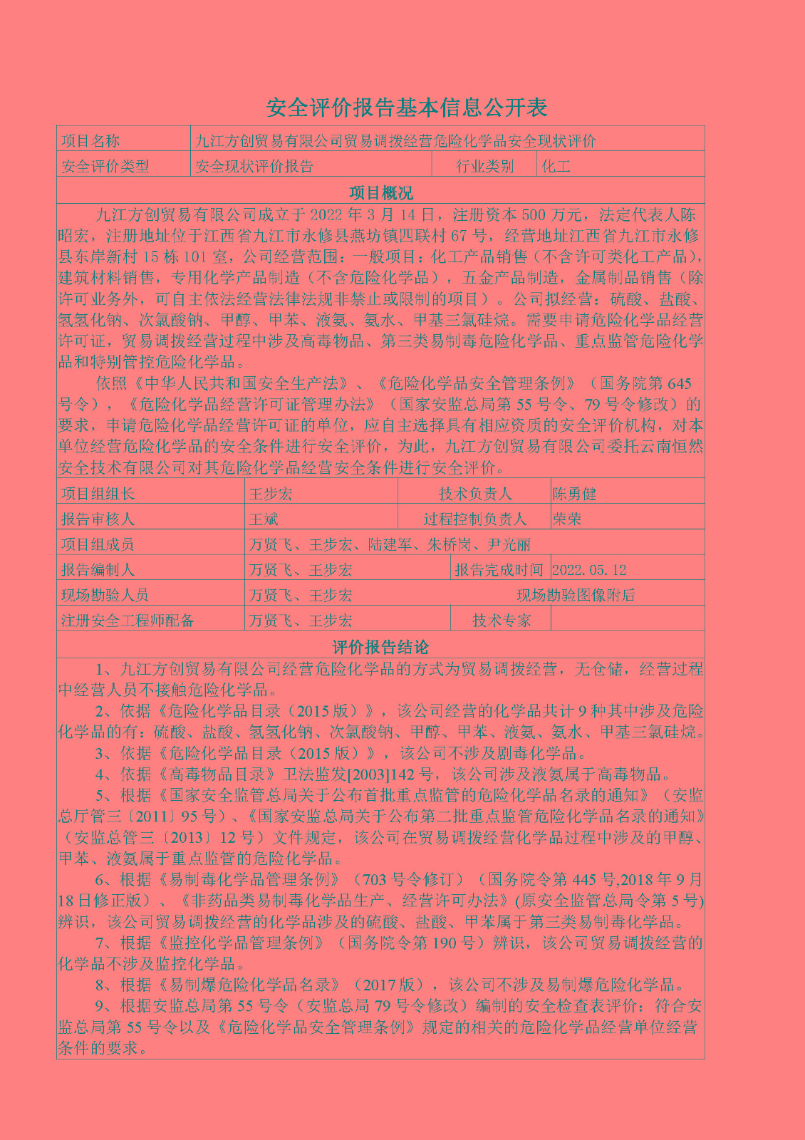 安全評價(jià)報告基本信息公開(kāi)表（九江方創(chuàng  )）