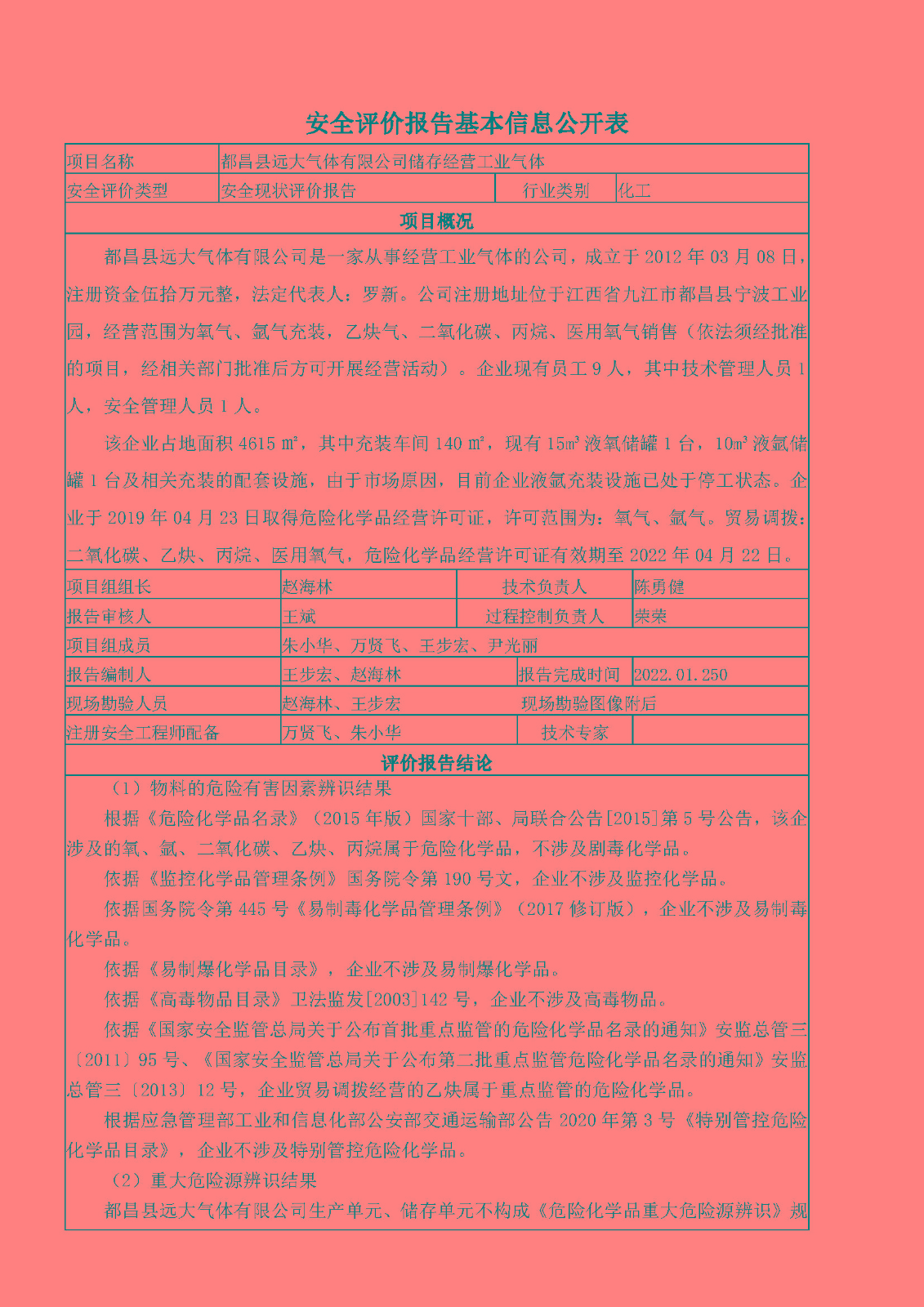 安全評價(jià)報告基本信息公開(kāi)表（都昌遠大氣體）