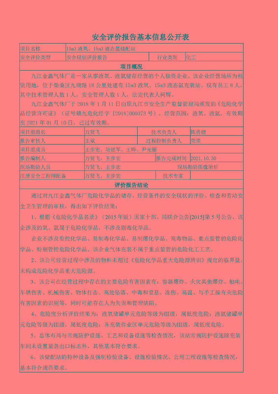 安全評價(jià)報告基本信息公開(kāi)表（九江縣金鑫氣體廠(chǎng)）