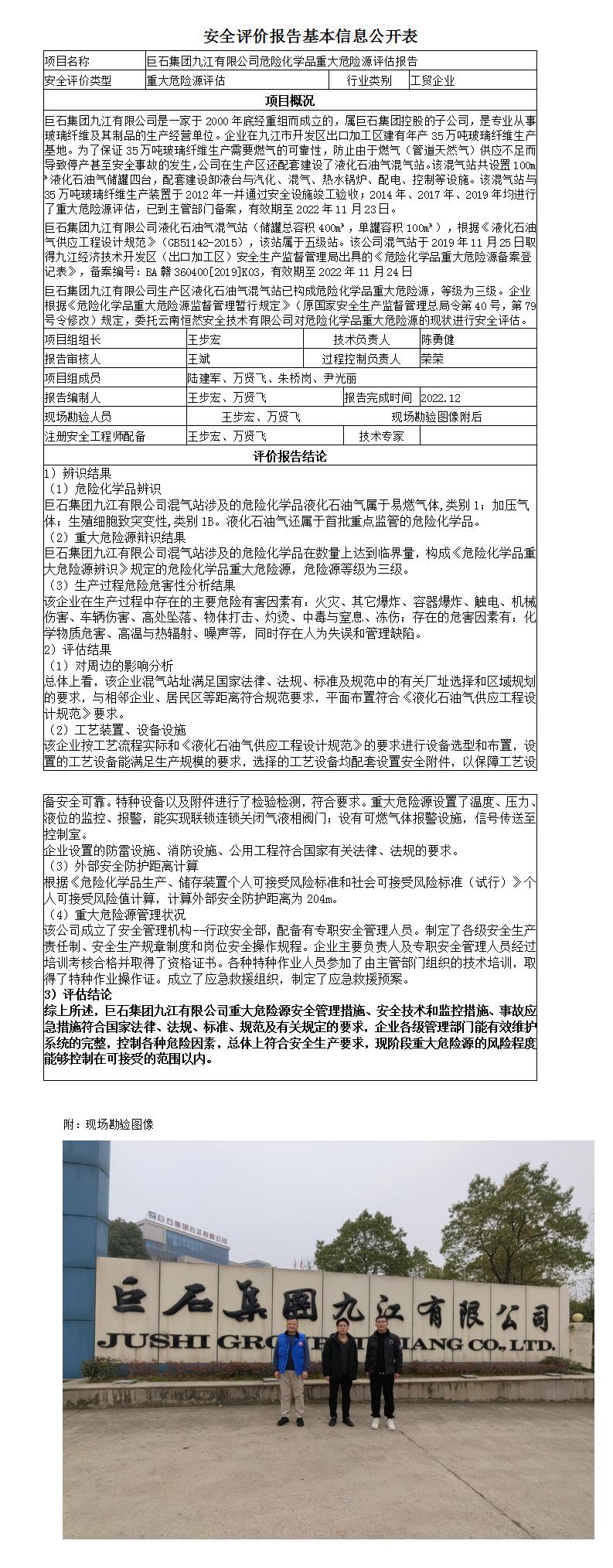 安全評價(jià)報告基本信息公開(kāi)表（巨石集團九江有限公司）