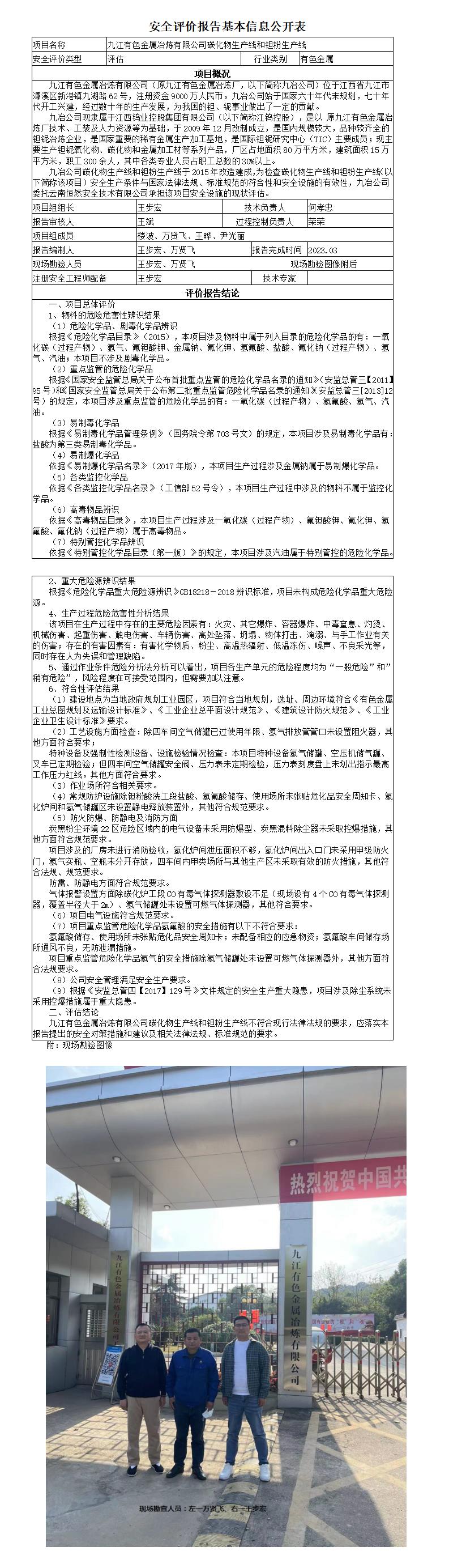 安全評價(jià)報告基本信息公開(kāi)表（九江有色）