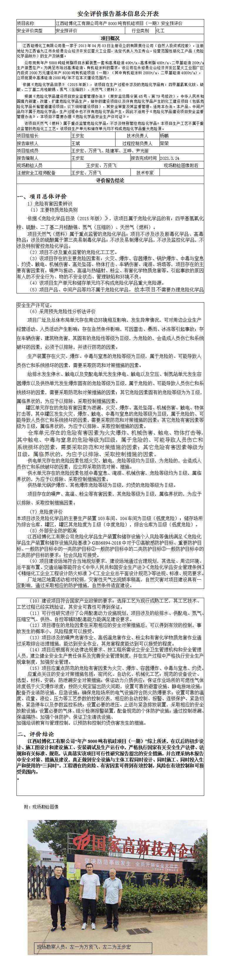 安全評價(jià)報告基本信息公開(kāi)表（江西硅博化工有限公司預評價(jià)）