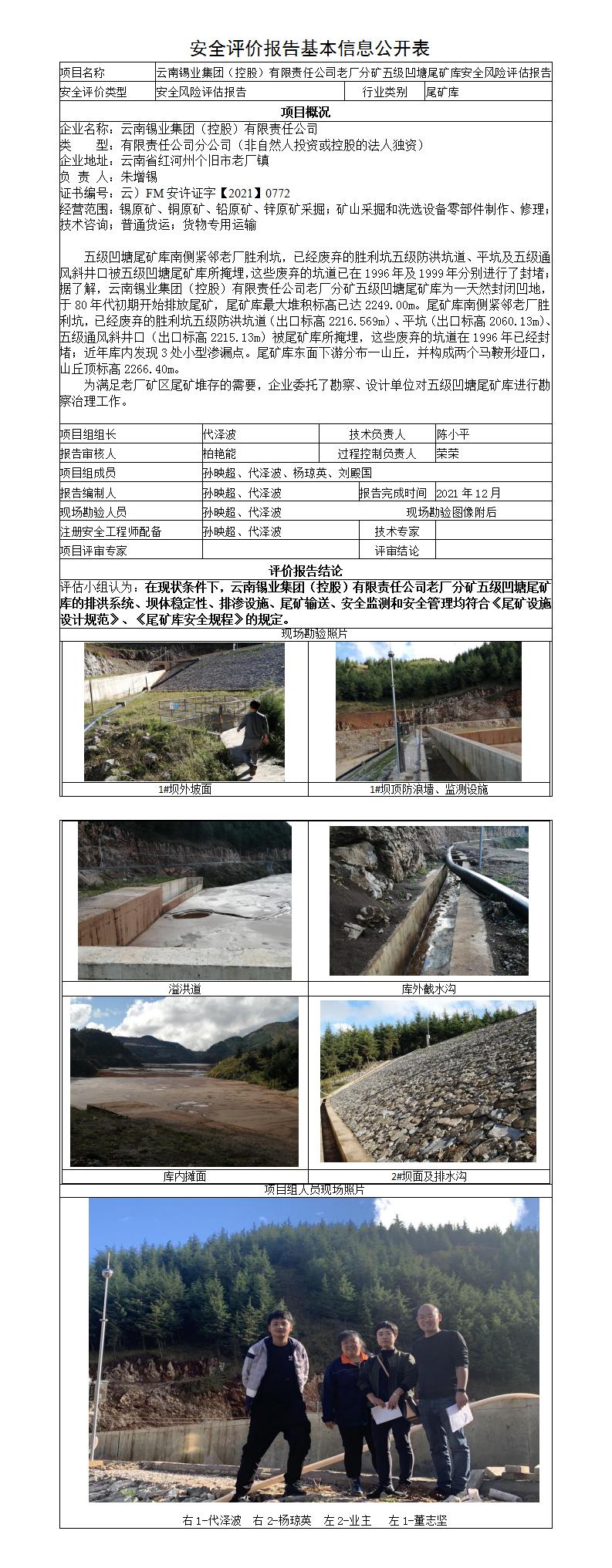 安全評價(jià)報告基本信息公開(kāi)表（五級凹塘尾礦庫治理工程）