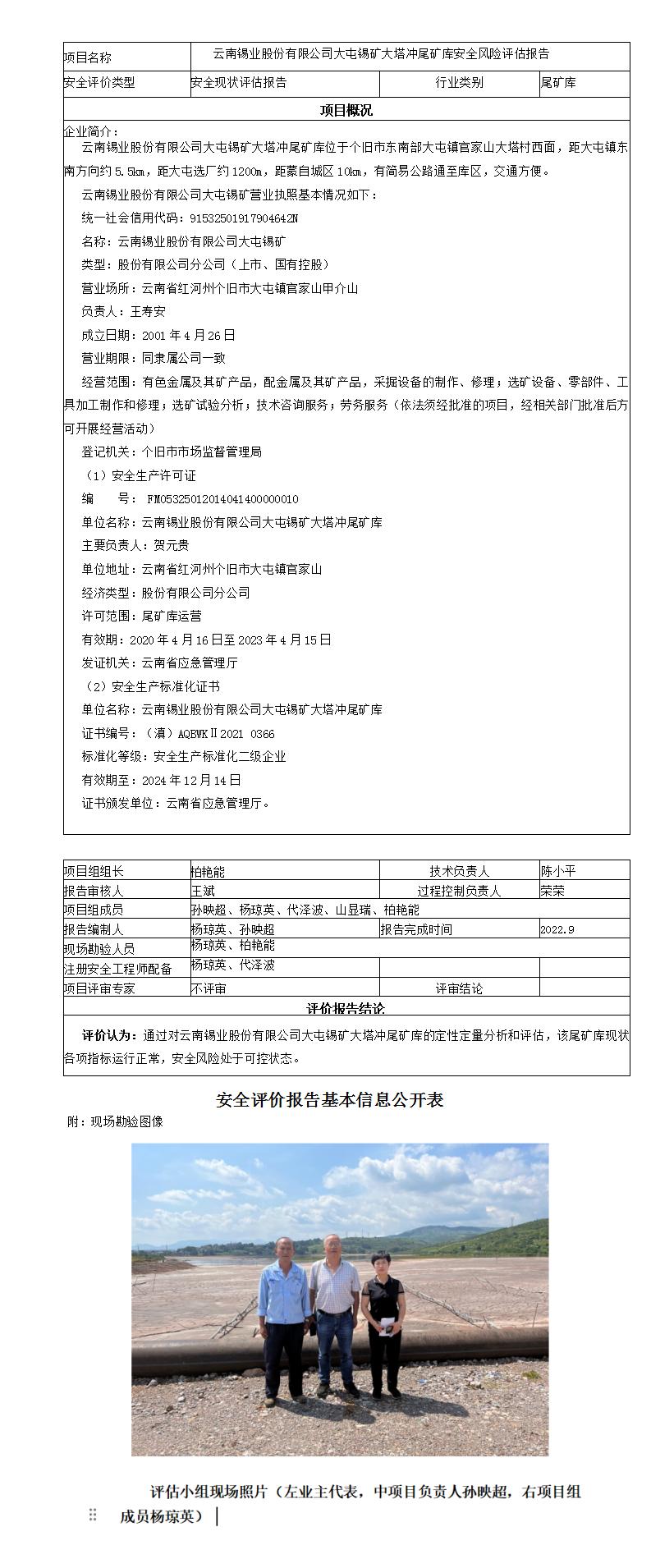 安全評價(jià)報告基本信息公開(kāi)表（大塔沖尾礦庫）