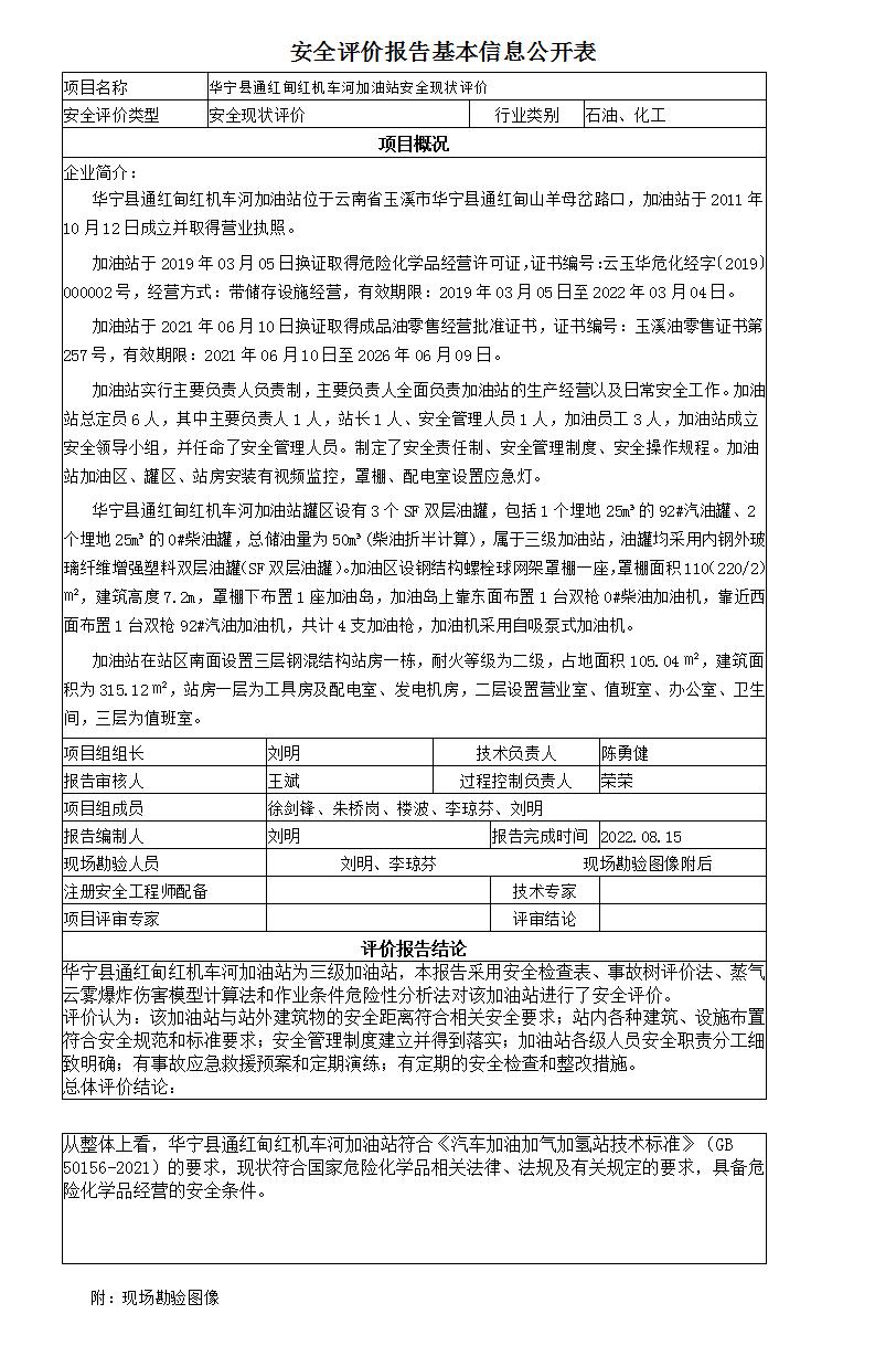 安全評價(jià)報告基本信息公開(kāi)表華寧縣通紅甸紅機車(chē)河加油站