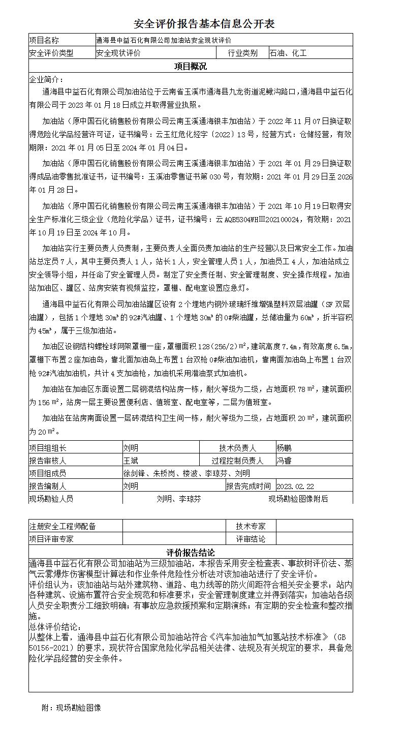 安全評價(jià)報告基本信息公開(kāi)表通?？h中益石化