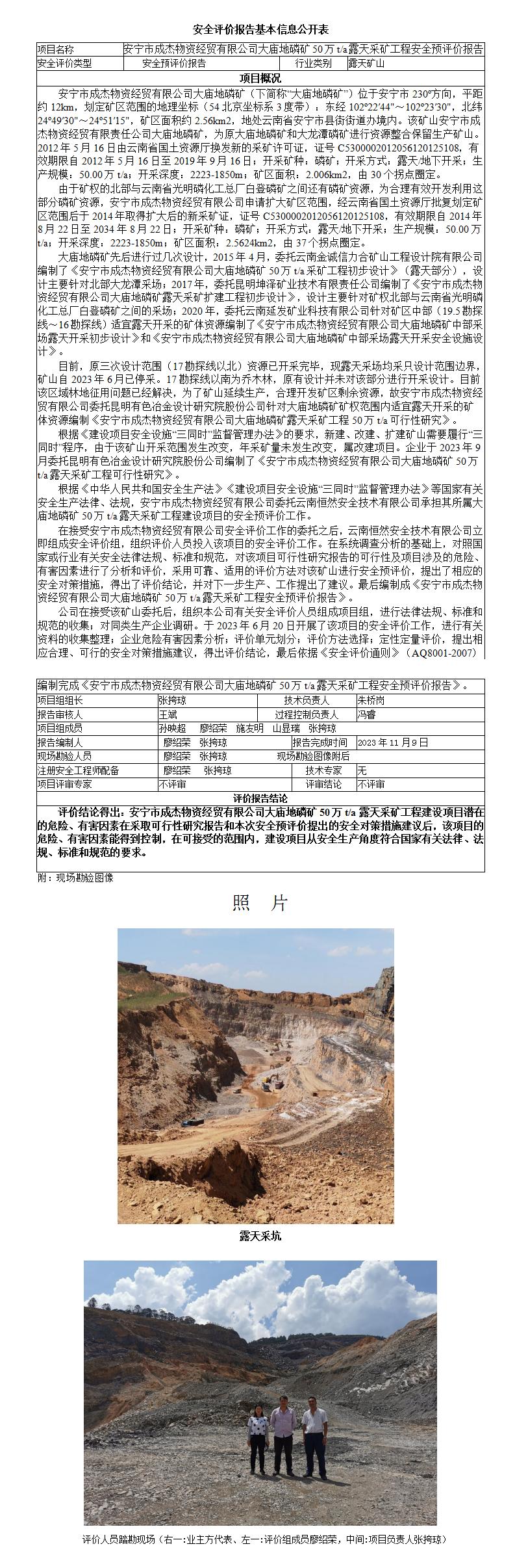 基本信息公開(kāi)表安寧市成杰物資經(jīng)貿有限公司大廟地磷礦