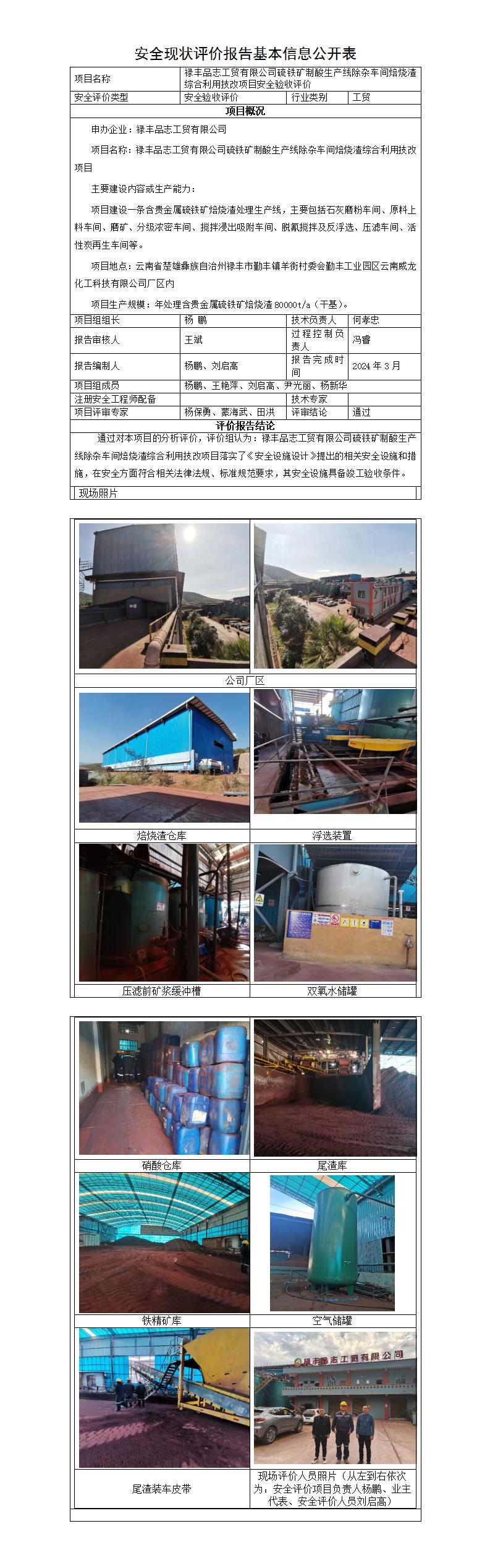 安全驗收評價(jià)（祿豐品志工貿有限公司硫鐵礦制酸生產(chǎn)線(xiàn)除雜車(chē)間焙燒渣綜合利用技改項目安全驗收評價(jià)）